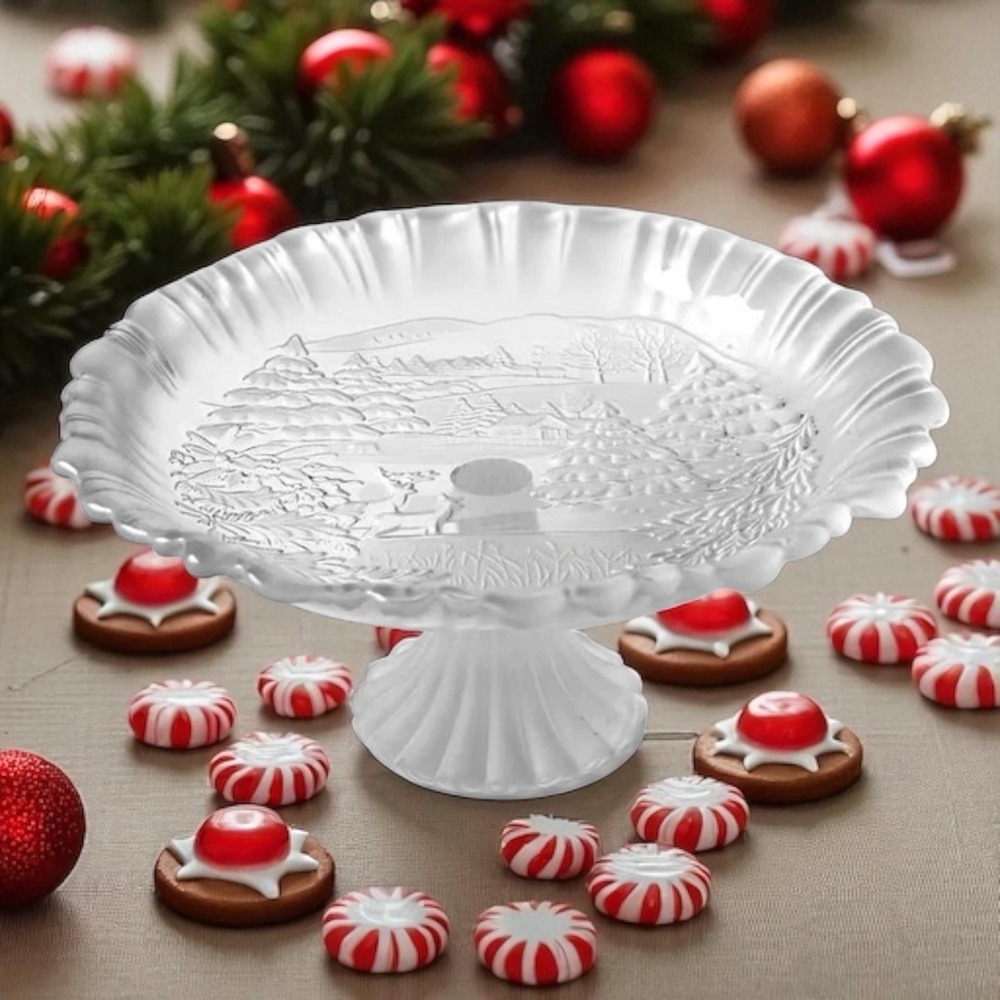 Mikasa Winter Dreams Footed Bon Bon 9" Dish Glass Frosted Deer Cabin Christmas
